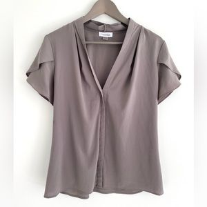 Calvin Klein V Neck Blouse in Taupe with Tulip Sleeves Size M